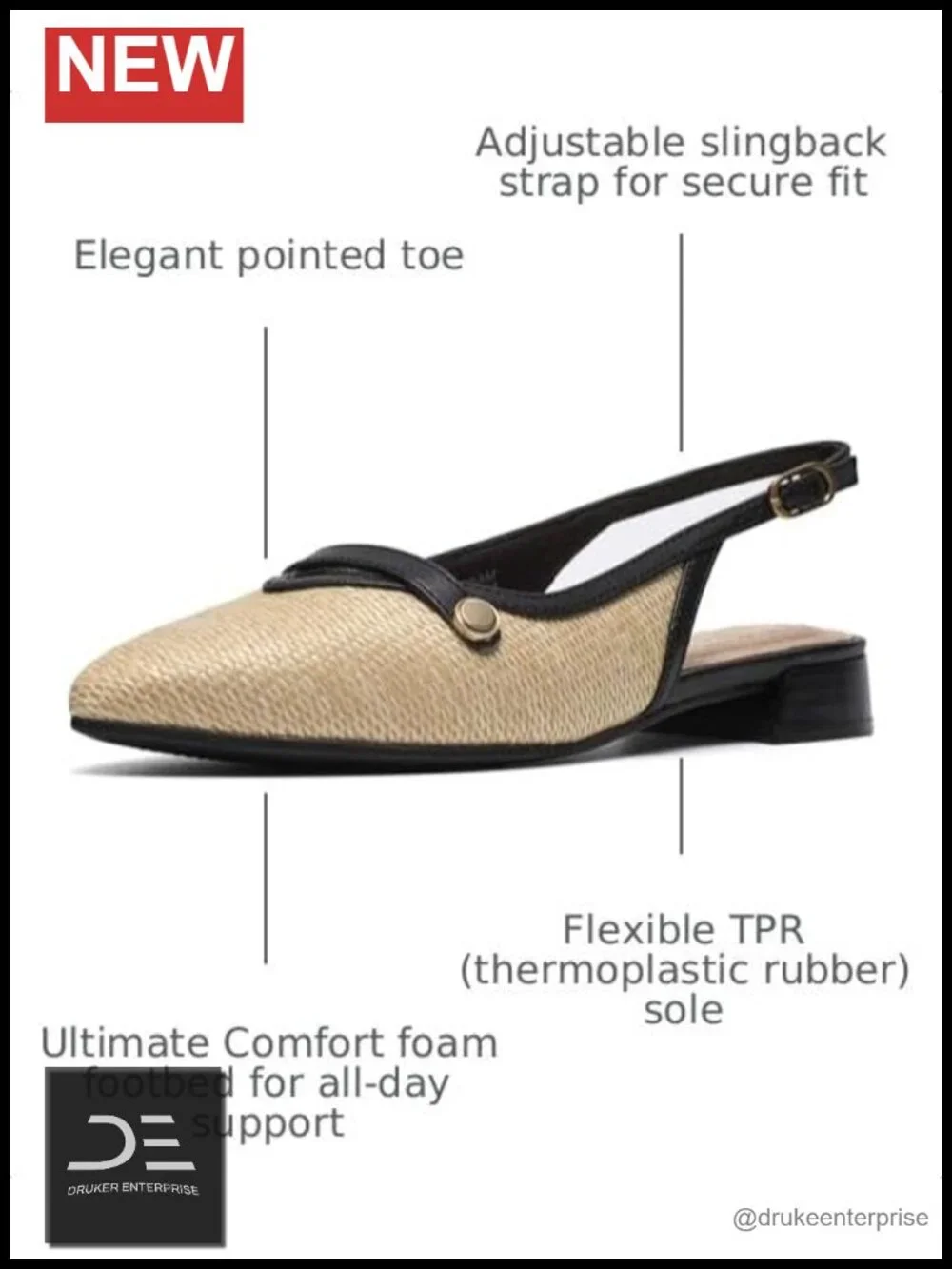 Leather Slingback Flats - Pointed Toe, Adjustable Strap